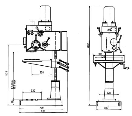 установоные, присоединительные размеры вертикально-сверлильного станка 2С125
